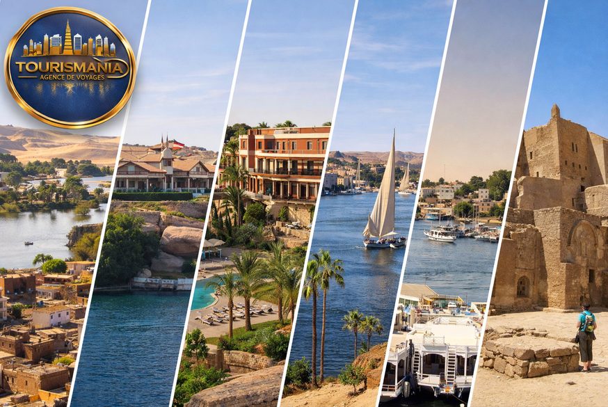 Felouques naviguant sur le Nil &agrave; Assouan lors d&rsquo;un voyage en &Eacute;gypte